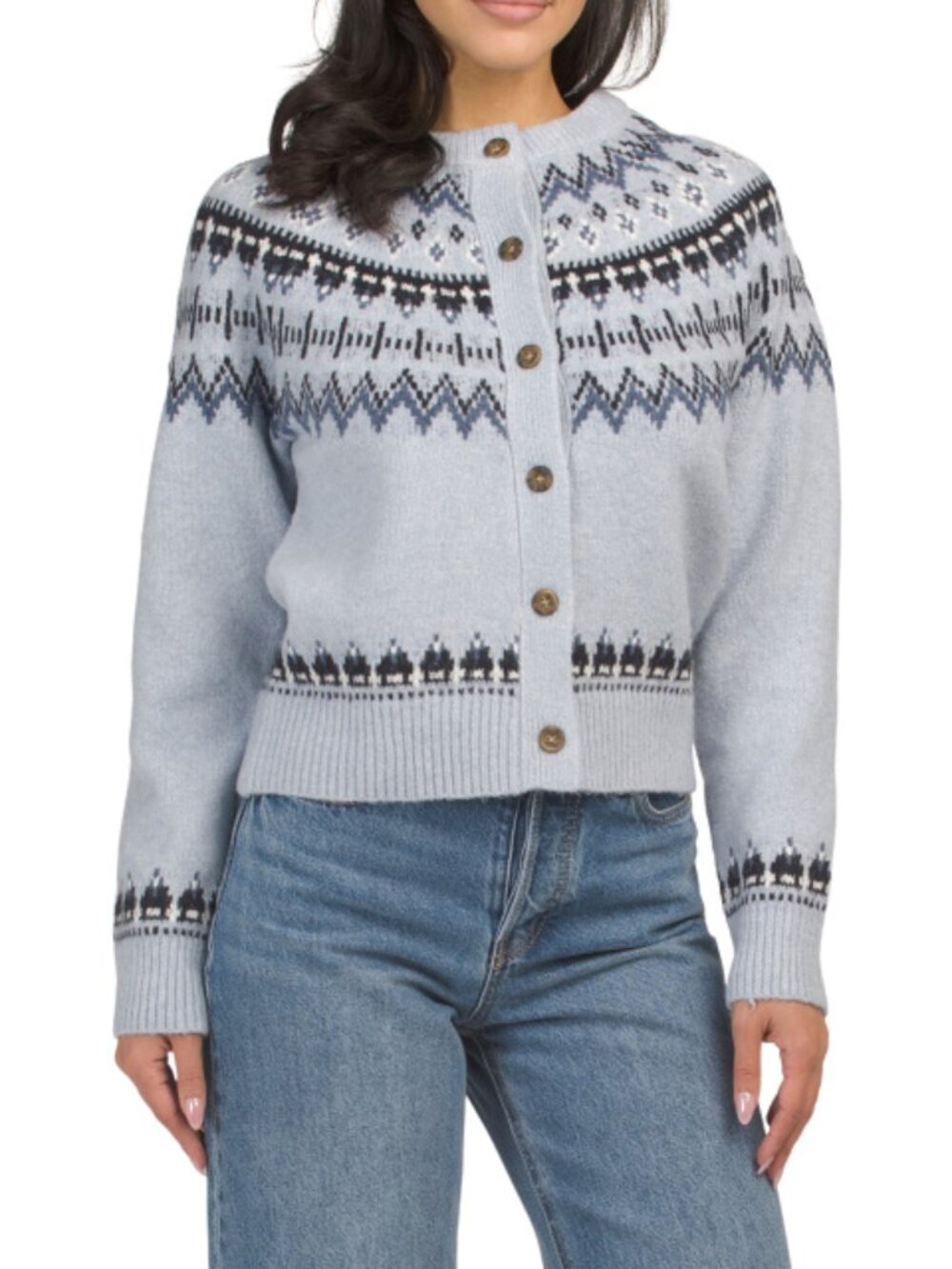 NICOLE MILLER NEW YORK Ivory/Denim Fair Isle Crew Neck Cardigan